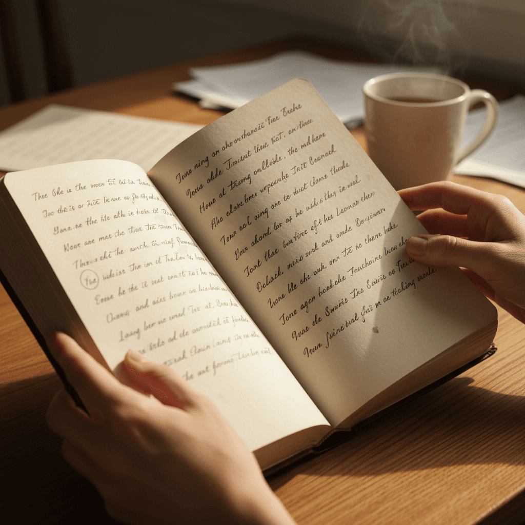 Hands holding an open journal with handwritten notes and sketches, soft natural light