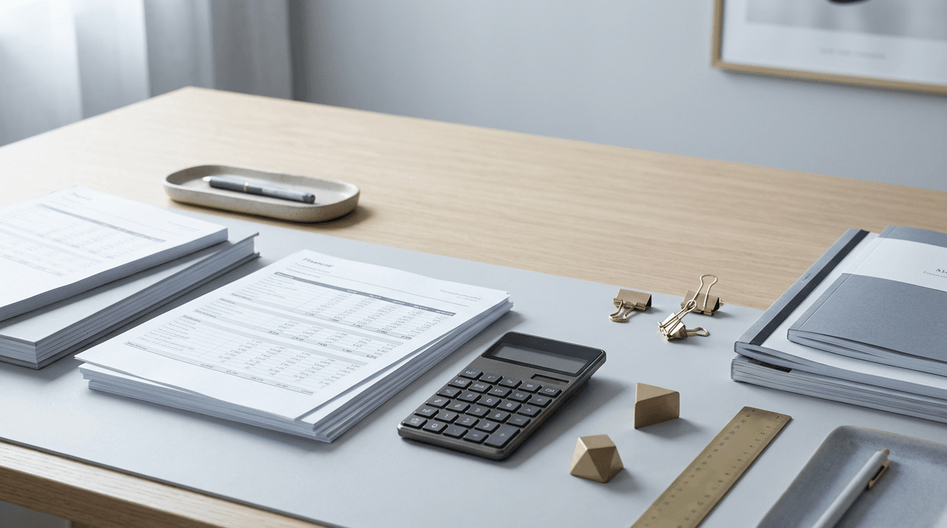 Minimalist workspace overhead with organized financial documents, calculator, and geometric shapes in soft natural light.
