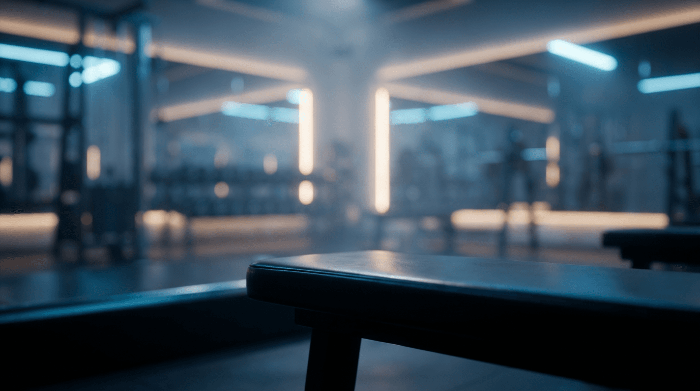 Modern gym interior at dusk with blurred neon lights and polished exercise bench in foreground.