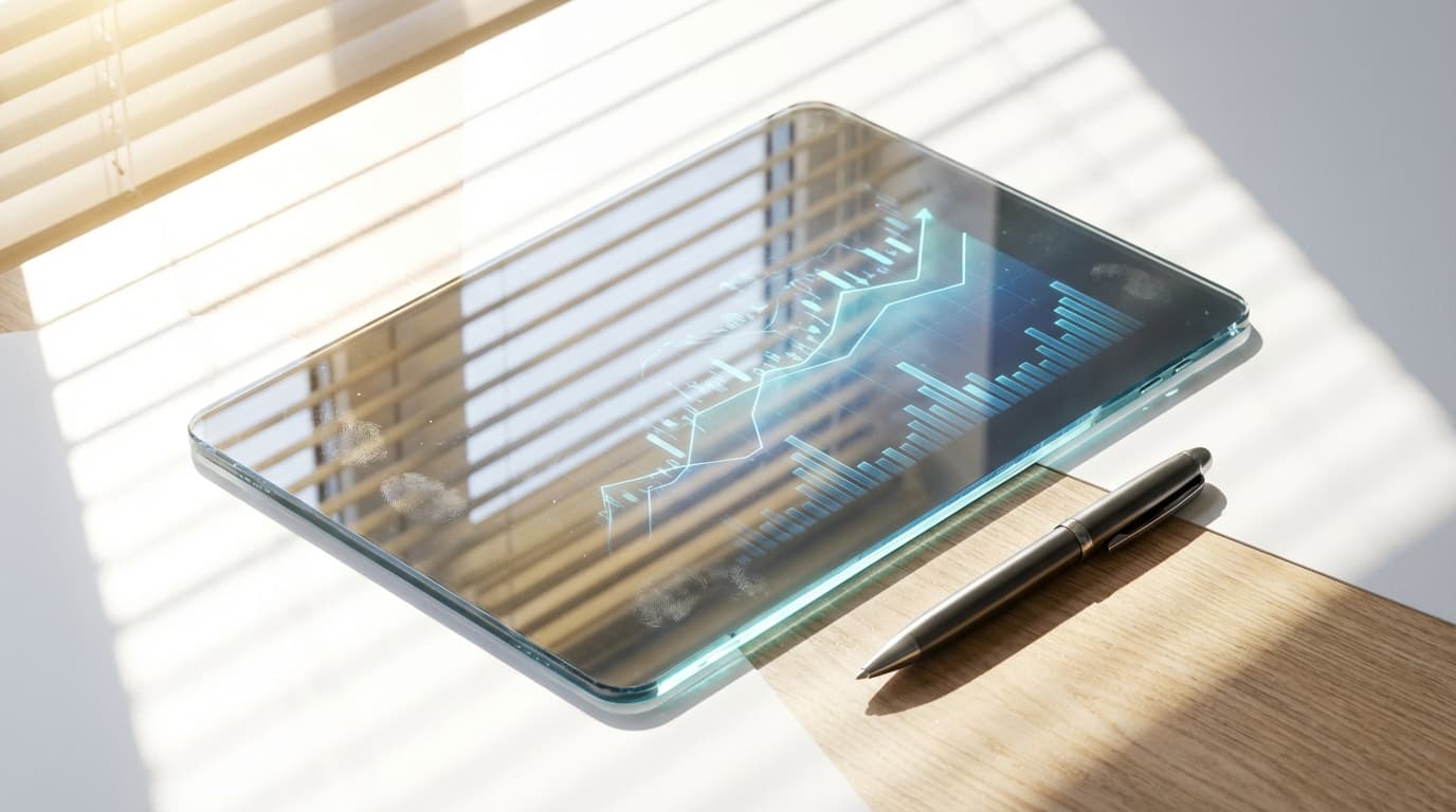 Modern glass tablet with glowing blue financial charts on bright white desk, window blinds creating sharp shadows, warm sunlight.