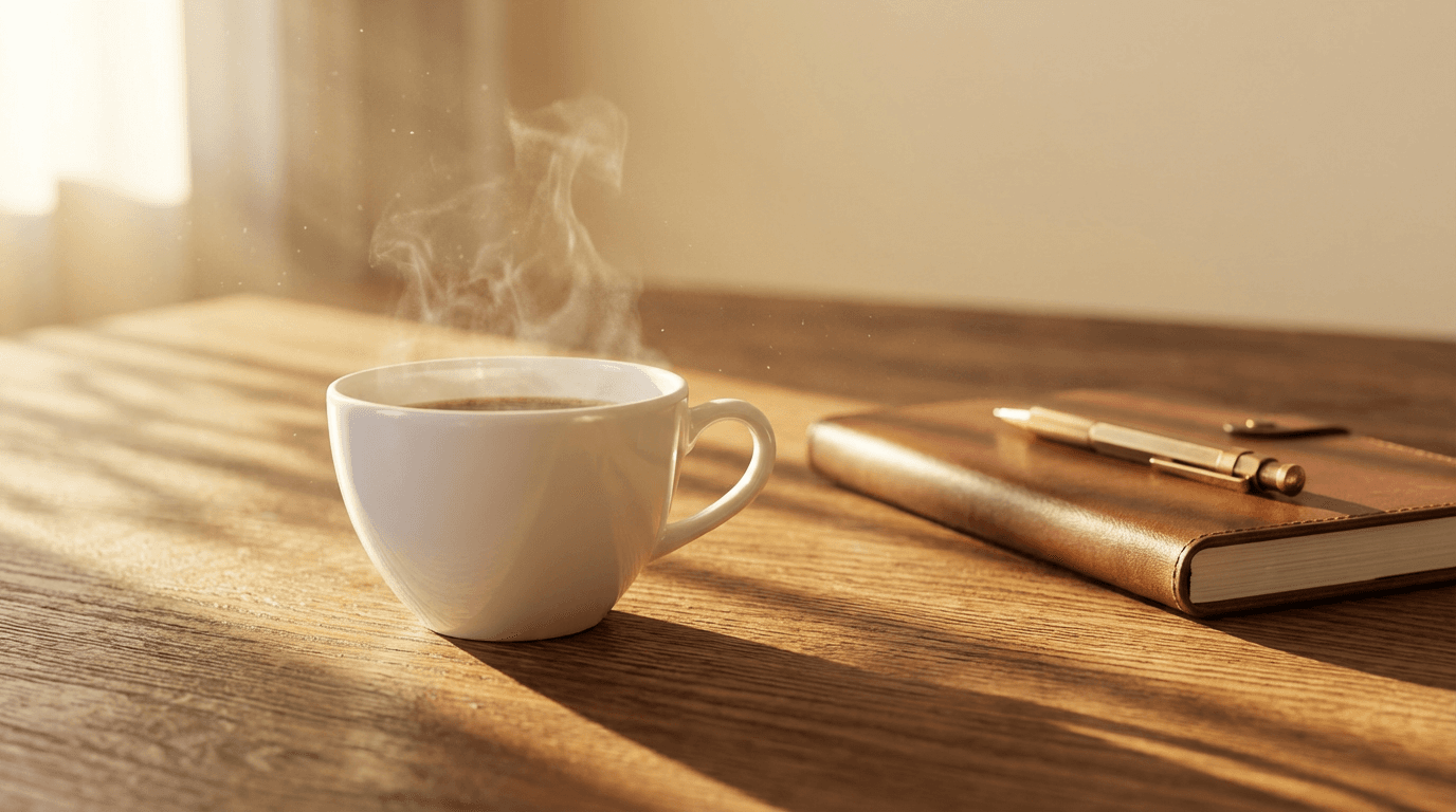 Sunlit wooden desk with steaming coffee cup and closed notebook, golden hour lighting, warm professional planning atmosphere.
