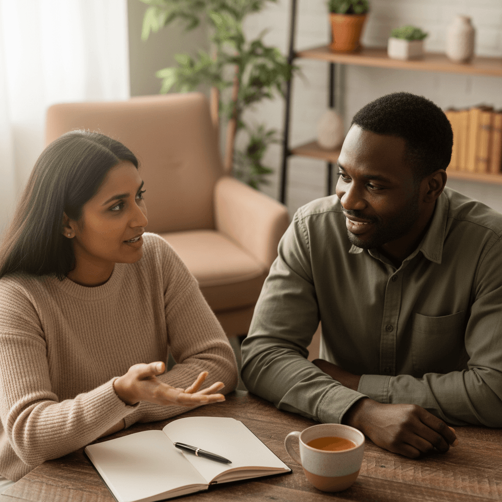 Two diverse professionals in close conversation at a wooden table, one actively listening during a peer mentoring session with natural window light