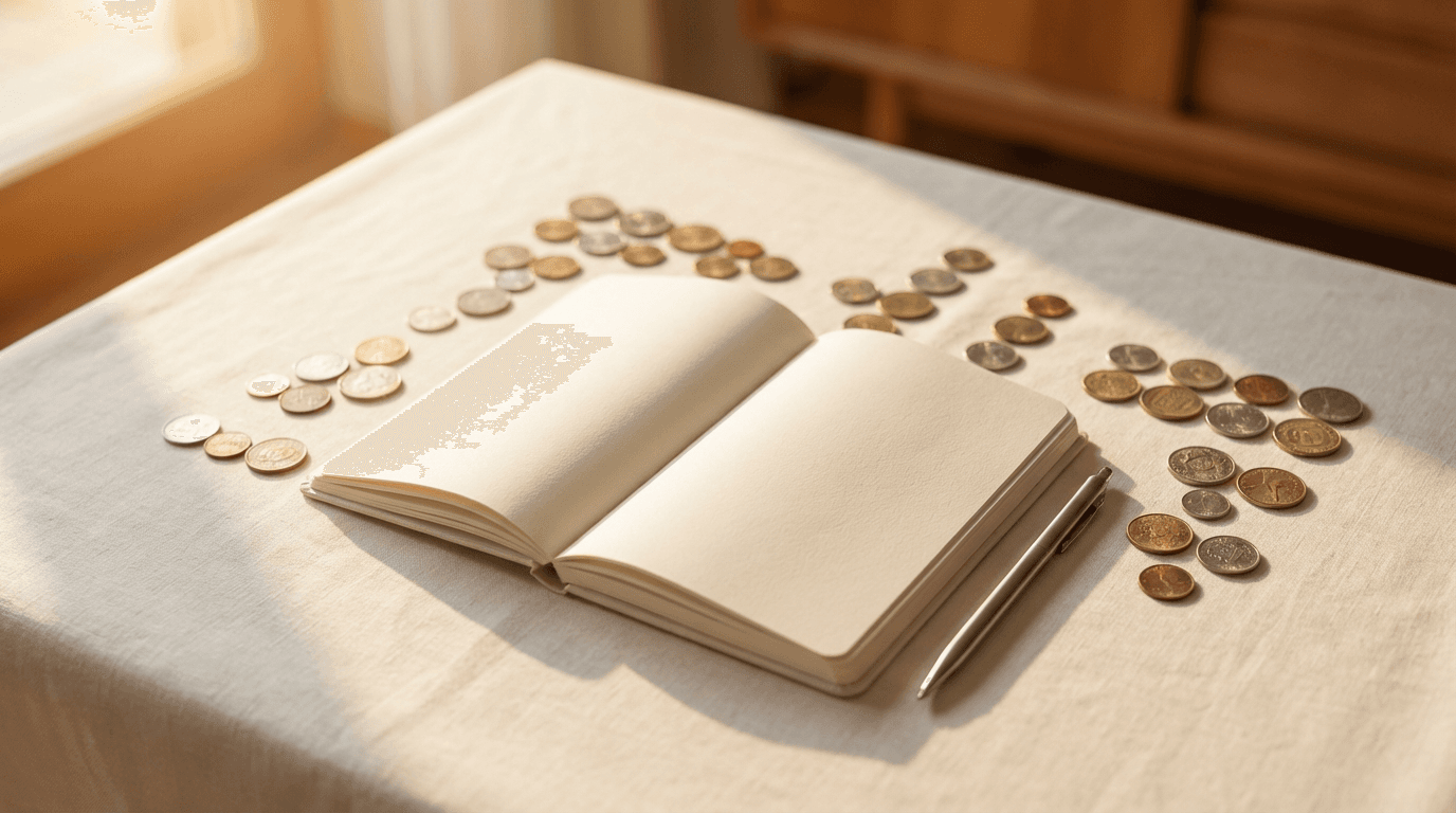 Minimalist workspace with coins and notebook in golden sunlight, overhead view with soft bokeh background