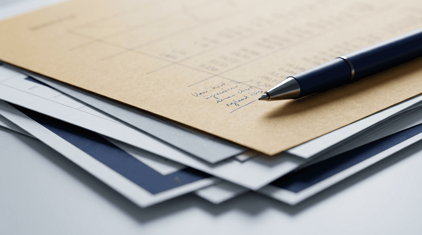 Overhead view of stacked financial documents with pen and soft shadows in minimalist arrangement.