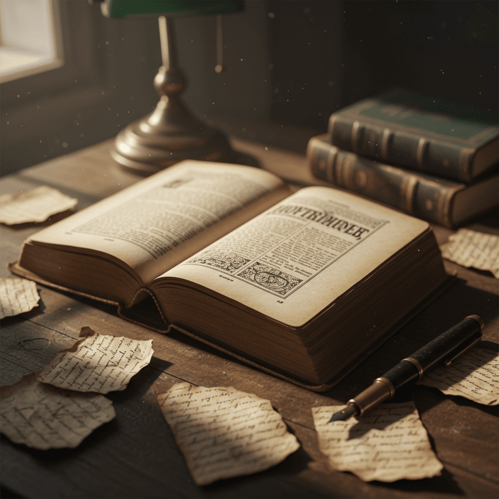 Close-up of vintage hardcover book with handwritten notes, fountain pen, and soft window lighting on wooden desk